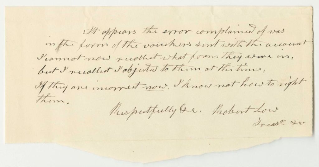 Miniature of Note from Robert Low, Piscataquic County Treasurer, Relating to Errors in His Accounts