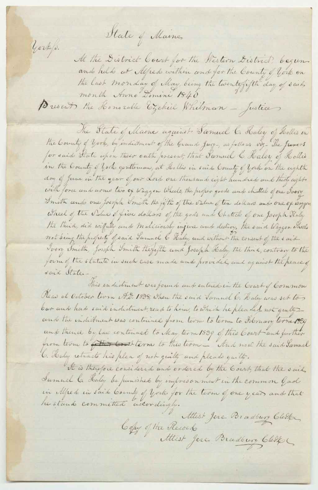 Miniature of State v. Samuel C. Haley, Copy of Record