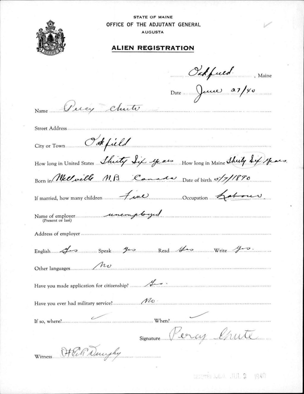 Miniature of Alien Registration- Chute, Percy (Oakfield, Aroostook County)