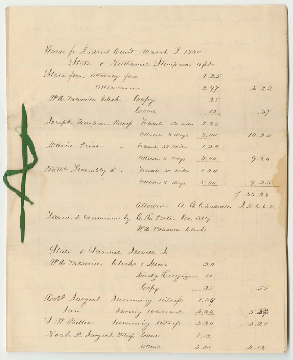 Miniature of Bills of Cost at the District Court in Waldo County, March Term 1840