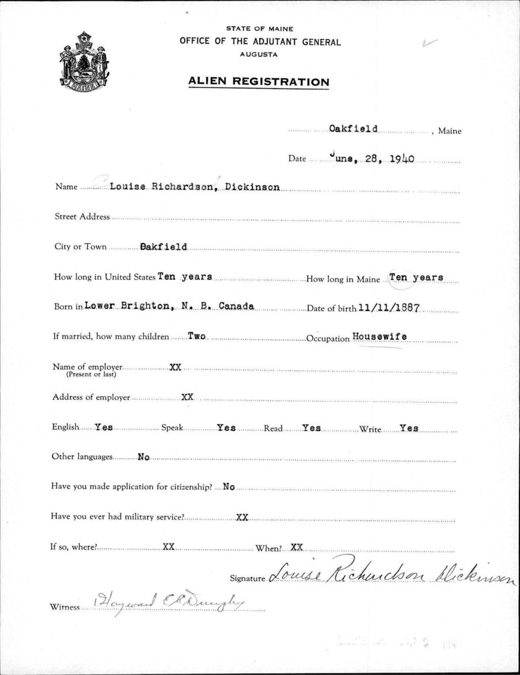 Miniature of Alien Registration- Dickinson, Louise R. (Oakfield, Aroostook County)