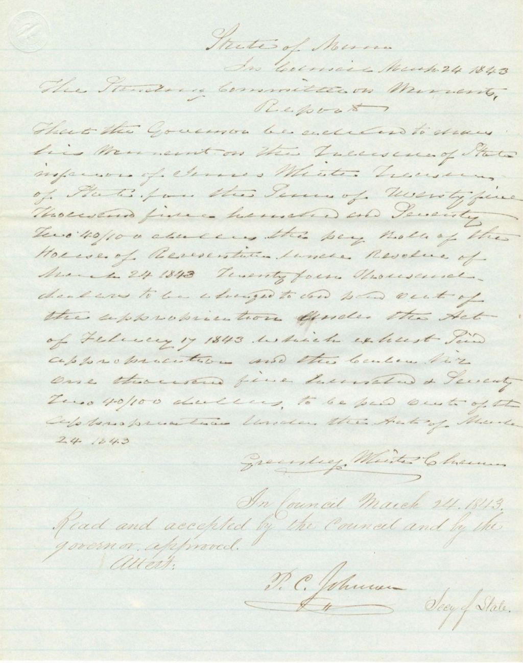 Miniature of Report on the Warrant in Favor of James White, State Treasurer, for the Payroll of the House of Representatives