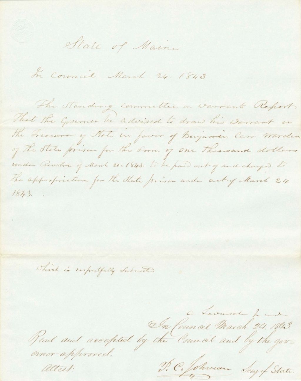 Miniature of Report on the Warrant in Favor of Benjamin Carr, Warden of the State Prison