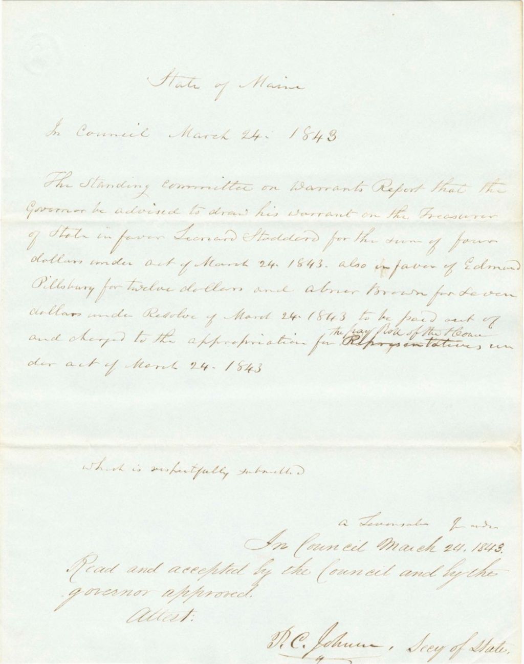 Miniature of Report on the Warrants in Favor of Leonard Stoddard, Edmund Pillsbury and Abner Brown, Members of the House of Representatives