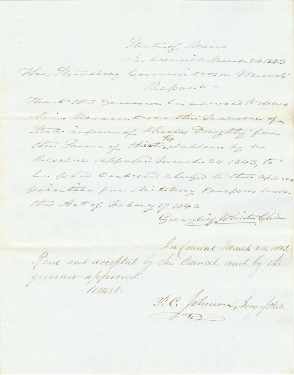 Miniature of Report on the Warrant in Favor of Charles Doughty for His Military Pension