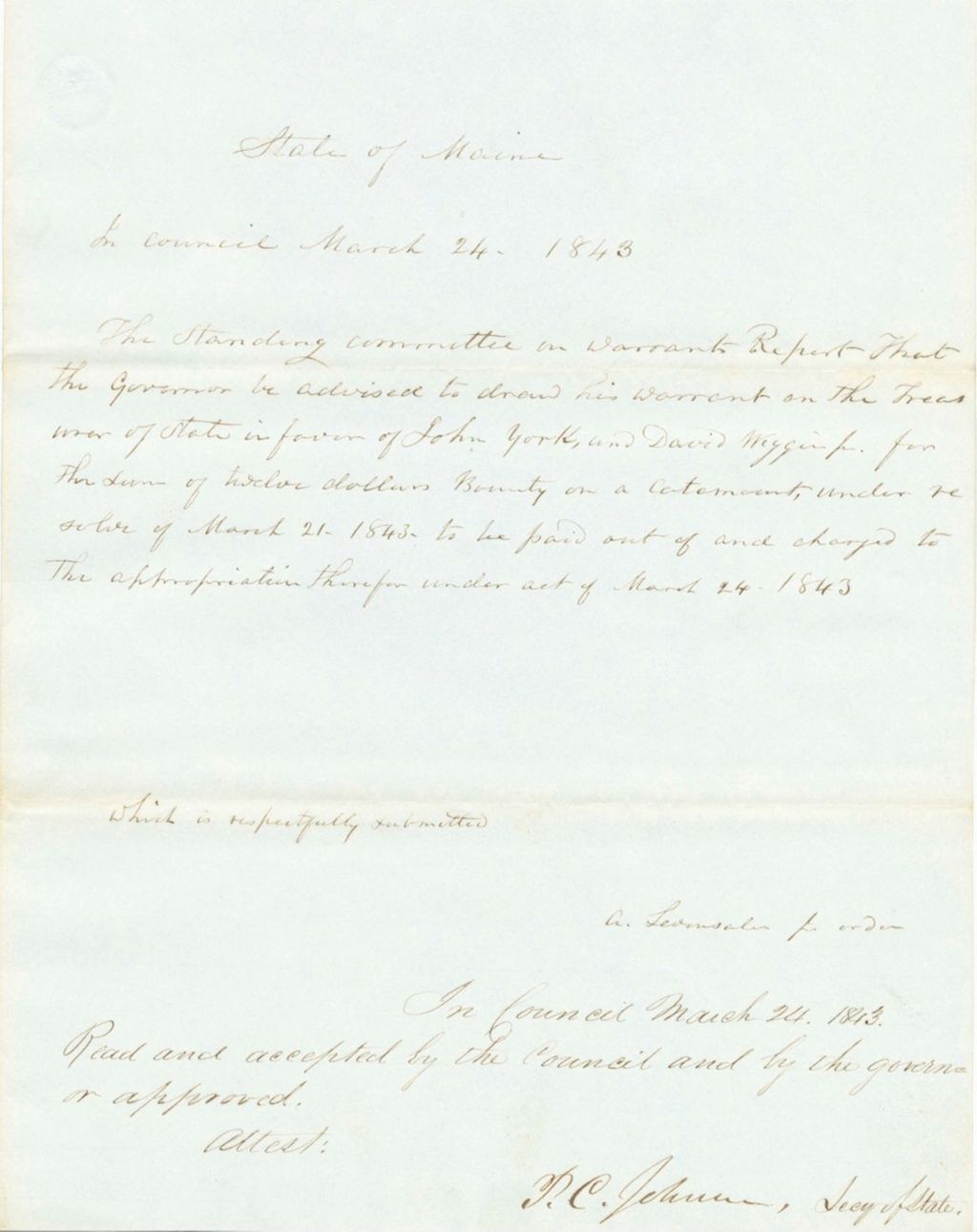 Miniature of Report on the Warrant in Favor of John York and Daniel Wiggin Jr., for Bounty on a Catamount Killed in Sebago