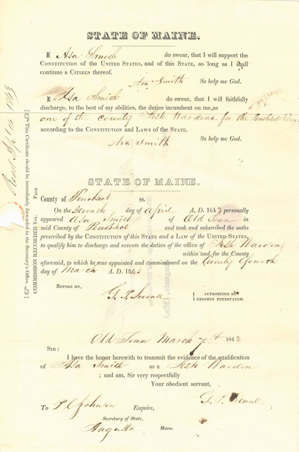 Miniature of Appointment of Asa Smith as one of the County Fish Wardens for the Penobscot River