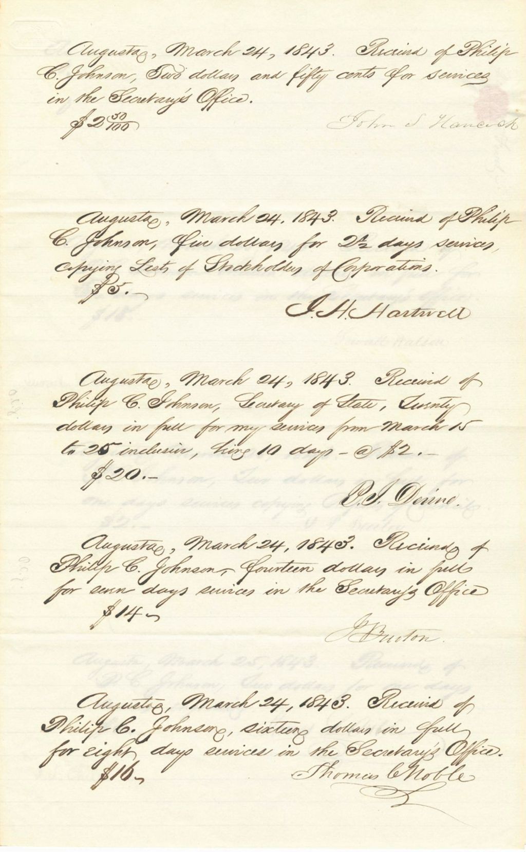 Miniature of Amounts Paid to P. C. Johnson as Clerk in Secretary's Office