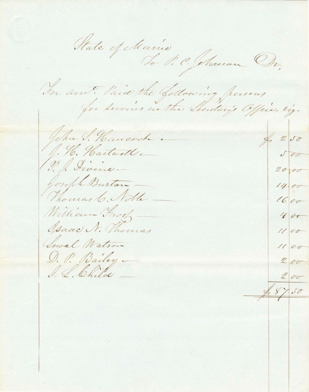 Miniature of Account P. C. Johnson for Amount Paid Clerk in Secretary's Office