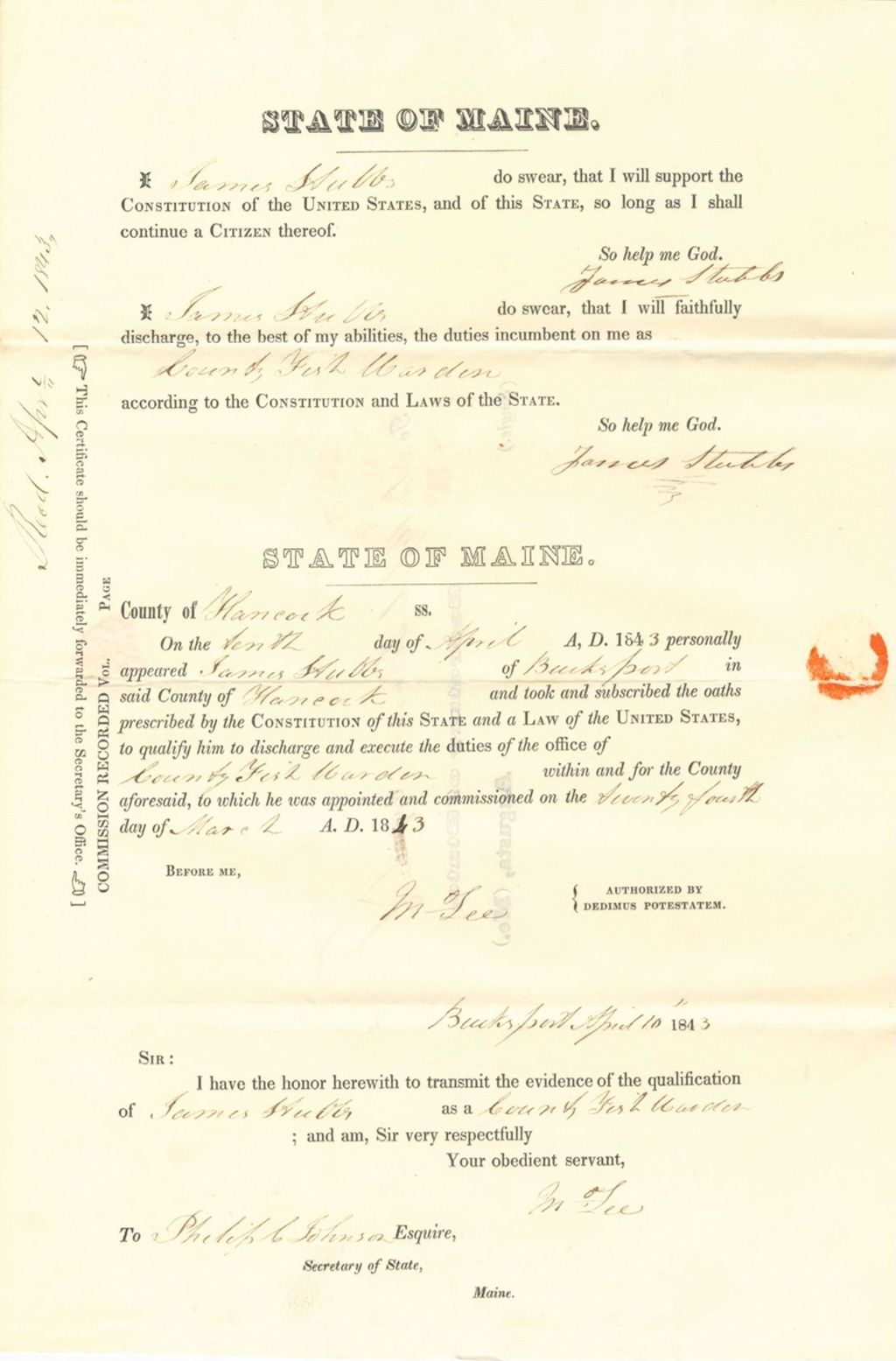 Miniature of Appointment of James Hulls as one of Hancock County's Fish Wardens
