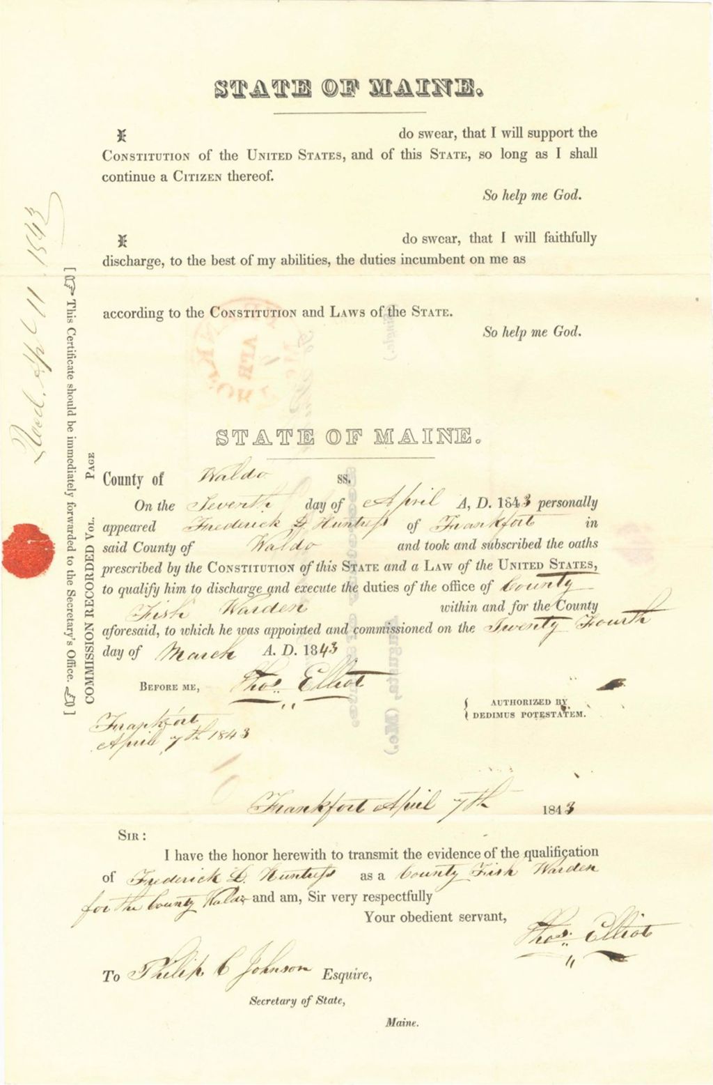 Miniature of Appointment of Fredrick D. [Hunters] as one of the Waldo County Fish Wardens