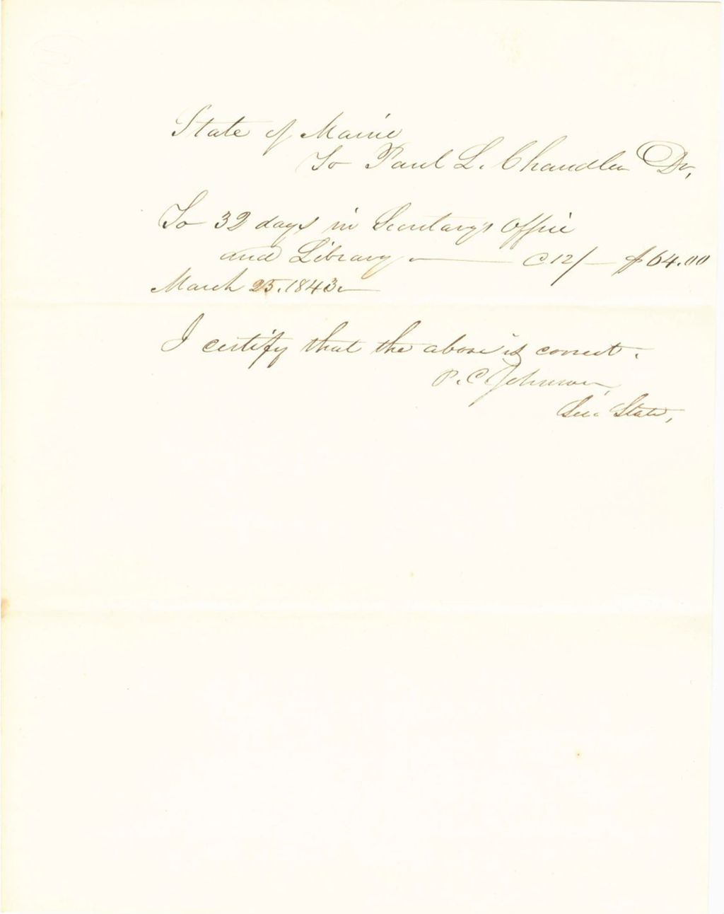 Miniature of Receipt of Payment to P.C. Chandler for Services in the Secretary's Office and the Library