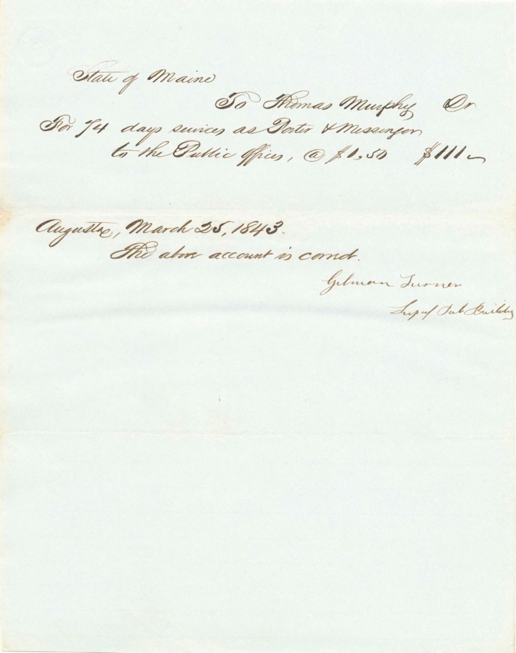 Miniature of Receipt of Payment to Thomas Murphy for Services as [Porter] and Messenger