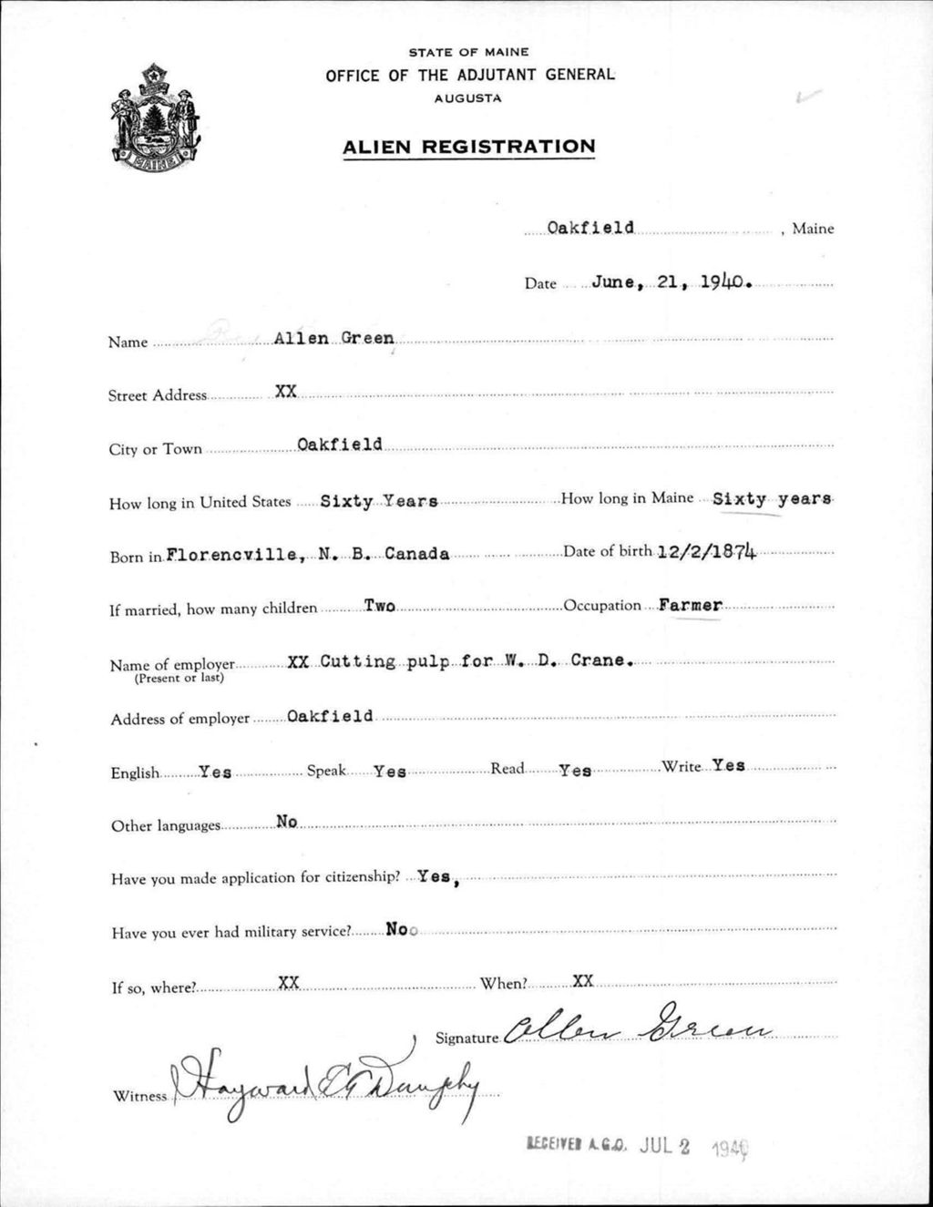 Miniature of Alien Registration- Green, Allen (Oakfield, Aroostook County)