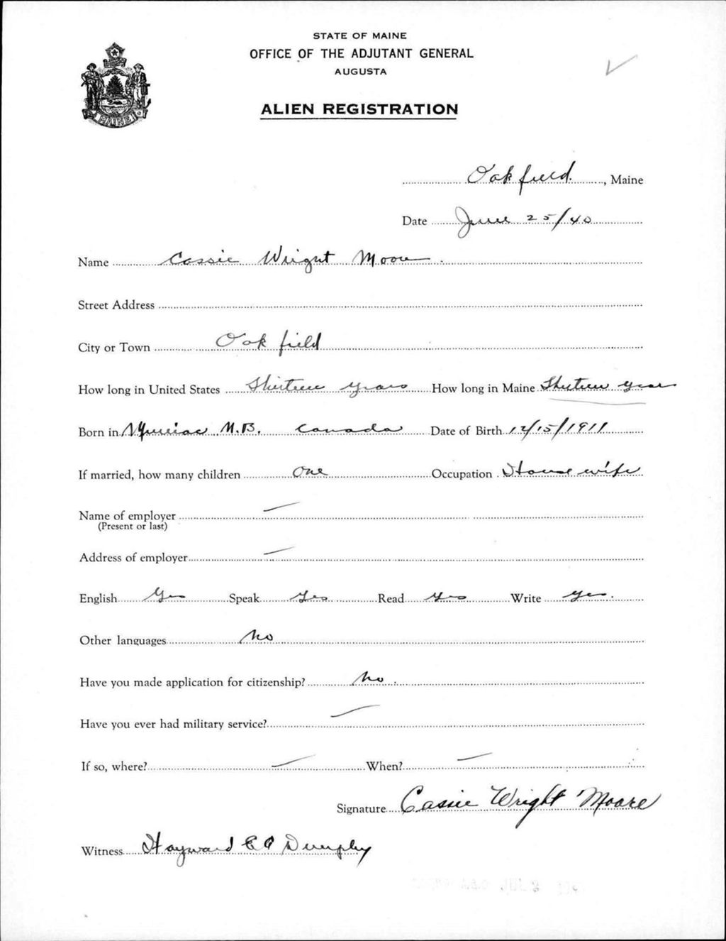 Miniature of Alien Registration- Wright, Cassie (Oakfield, Aroostook County)