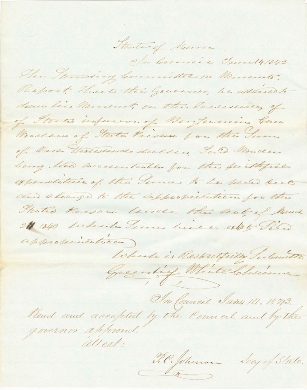 Miniature of Report on the Warrant in Favor of Benjamin Carr, Warden of the State Prison