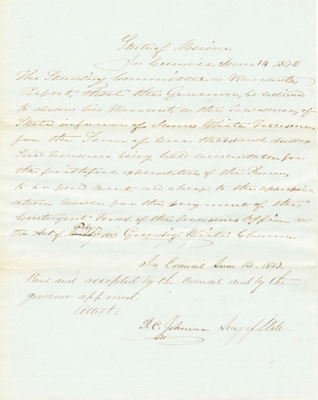 Miniature of Report on the Warrant in Favor of James White, State Treasurer, for the Contingent Fund