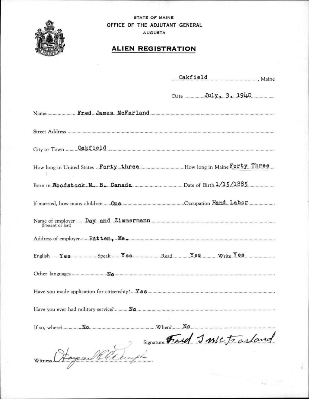 Miniature of Alien Registration- Mcfarland, Fred J. (Oakfield, Aroostook County)