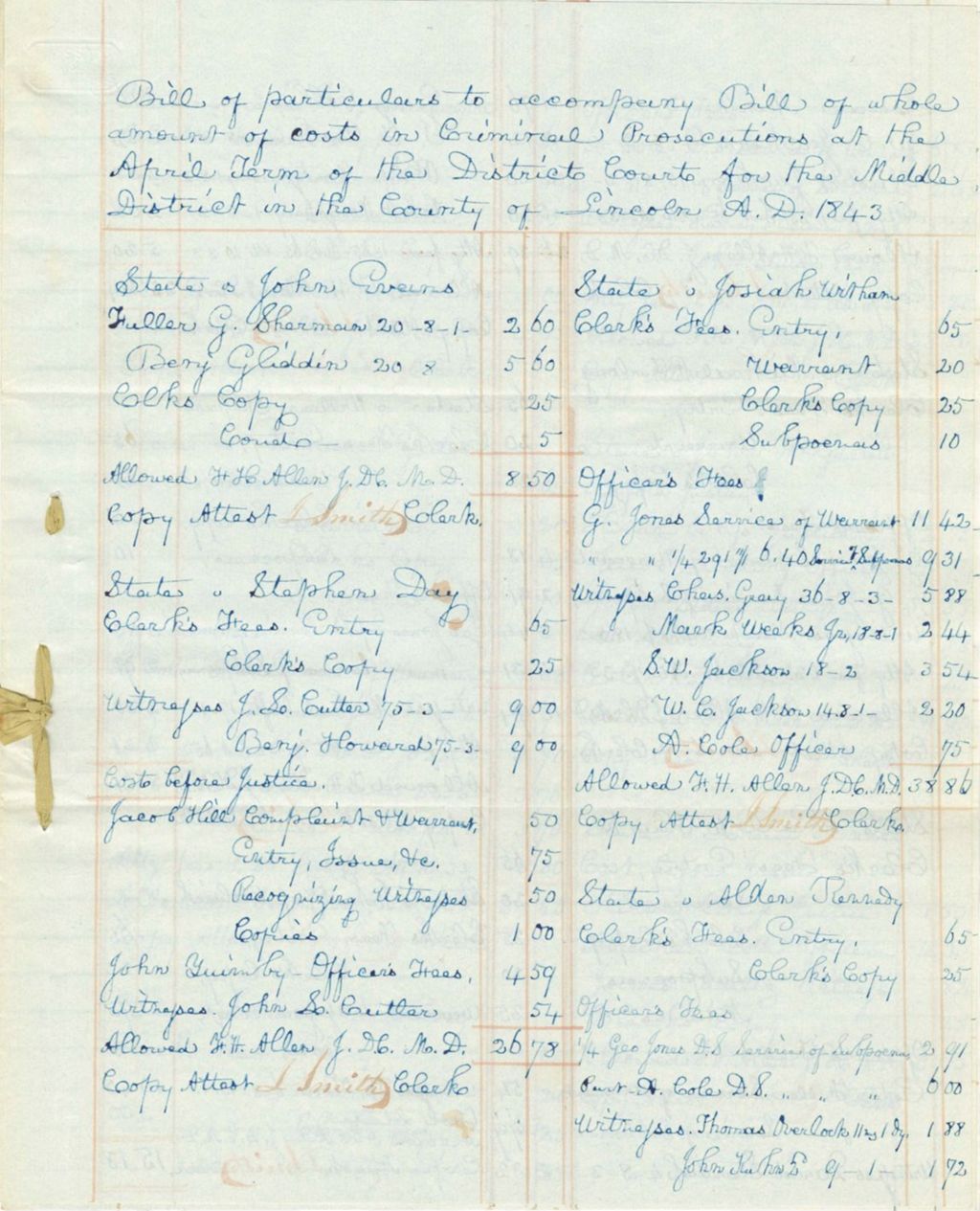 Miniature of Bill of Particulars in Criminal Bills of Court, Lincoln County A.D. 1843
