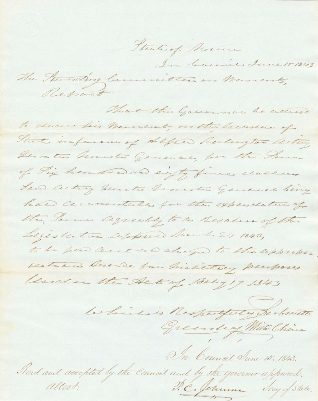 Miniature of Report on the Warrant in Favor of Alfred Redington, Acting Quartermaster General