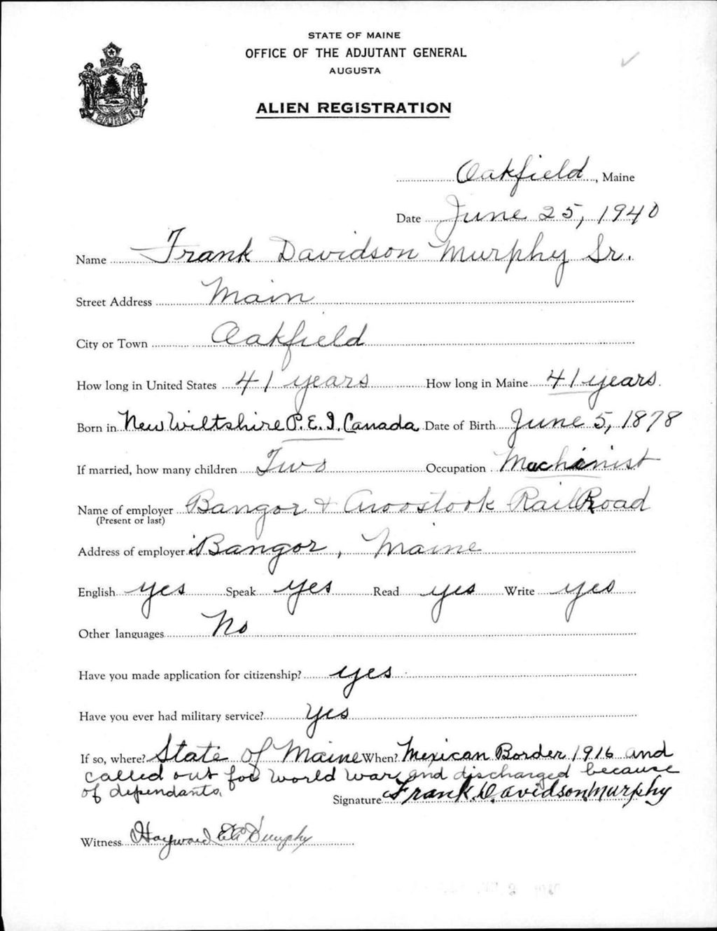 Miniature of Alien Registration- Murphy, Frank D.,Sr. (Oakfield, Aroostook County)