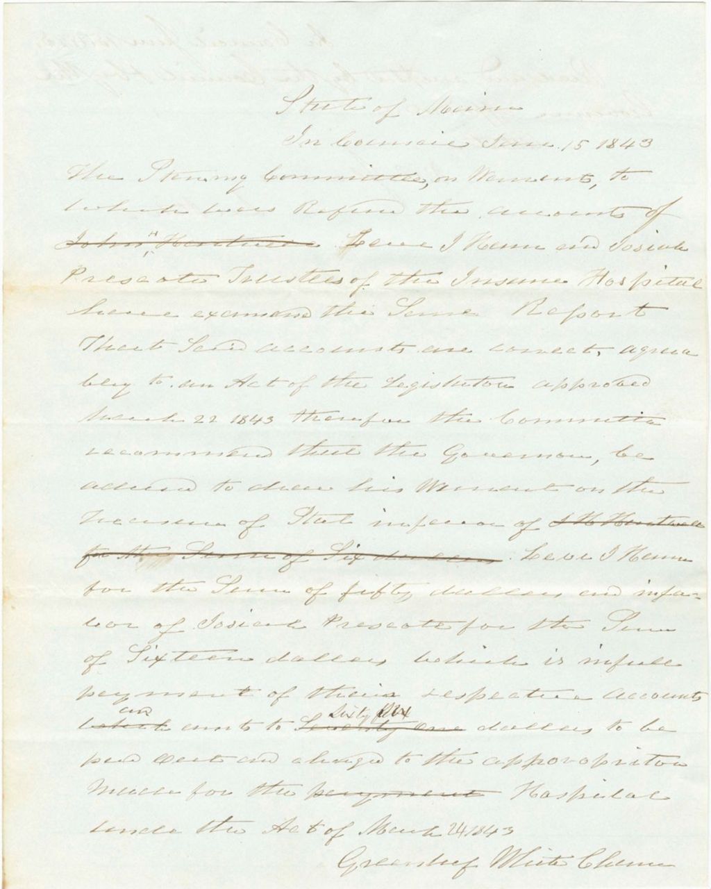 Miniature of Report on the Warrant in Favor of Levi J. Ham and Josiah Prescott, Trustees of the Insane Hospital