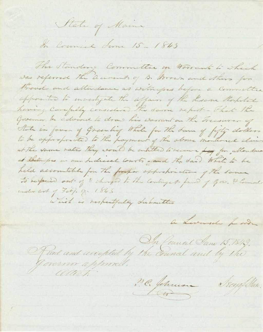 Miniature of Report on the Warrant in Favor of G. White, for Payment to B. Brown as Witness to Investigate the Insane Hospital