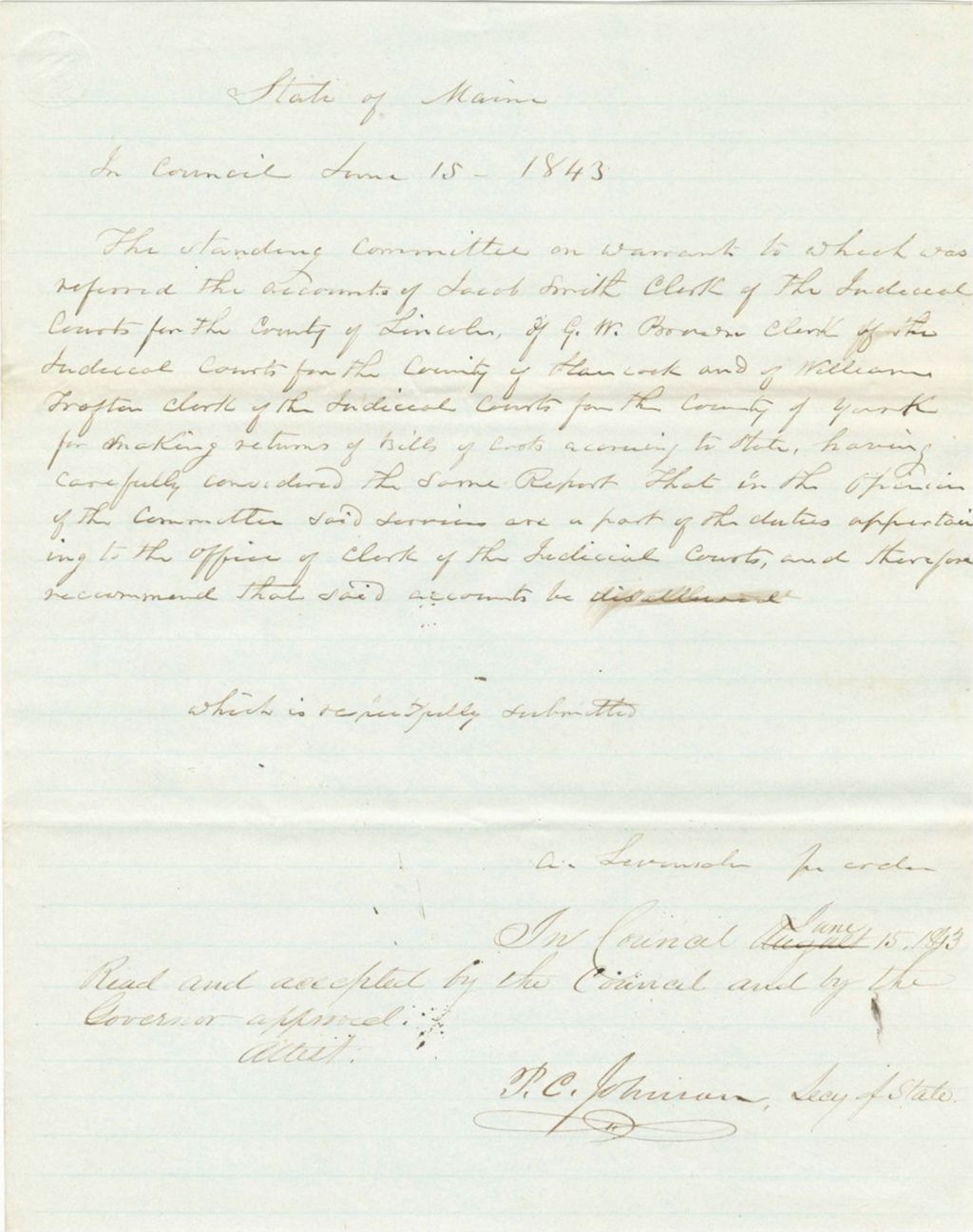 Miniature of Report on the Accounts of Jacob Smith, G.W. Brown and William Trafton as Clerks if Judicial Courts