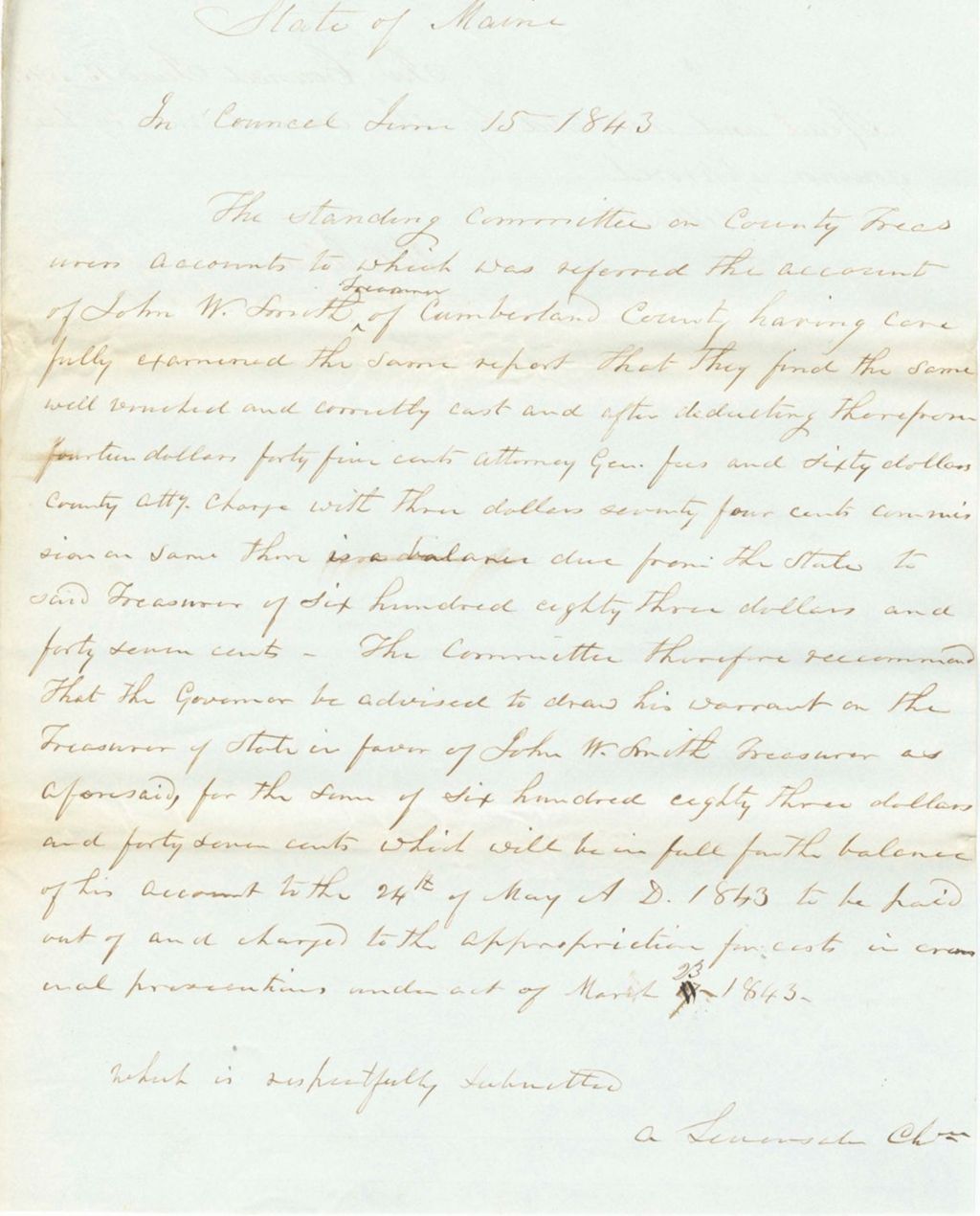 Miniature of Report on the Warrant in Favor of John W. Smith, Cumberland County Treasurer