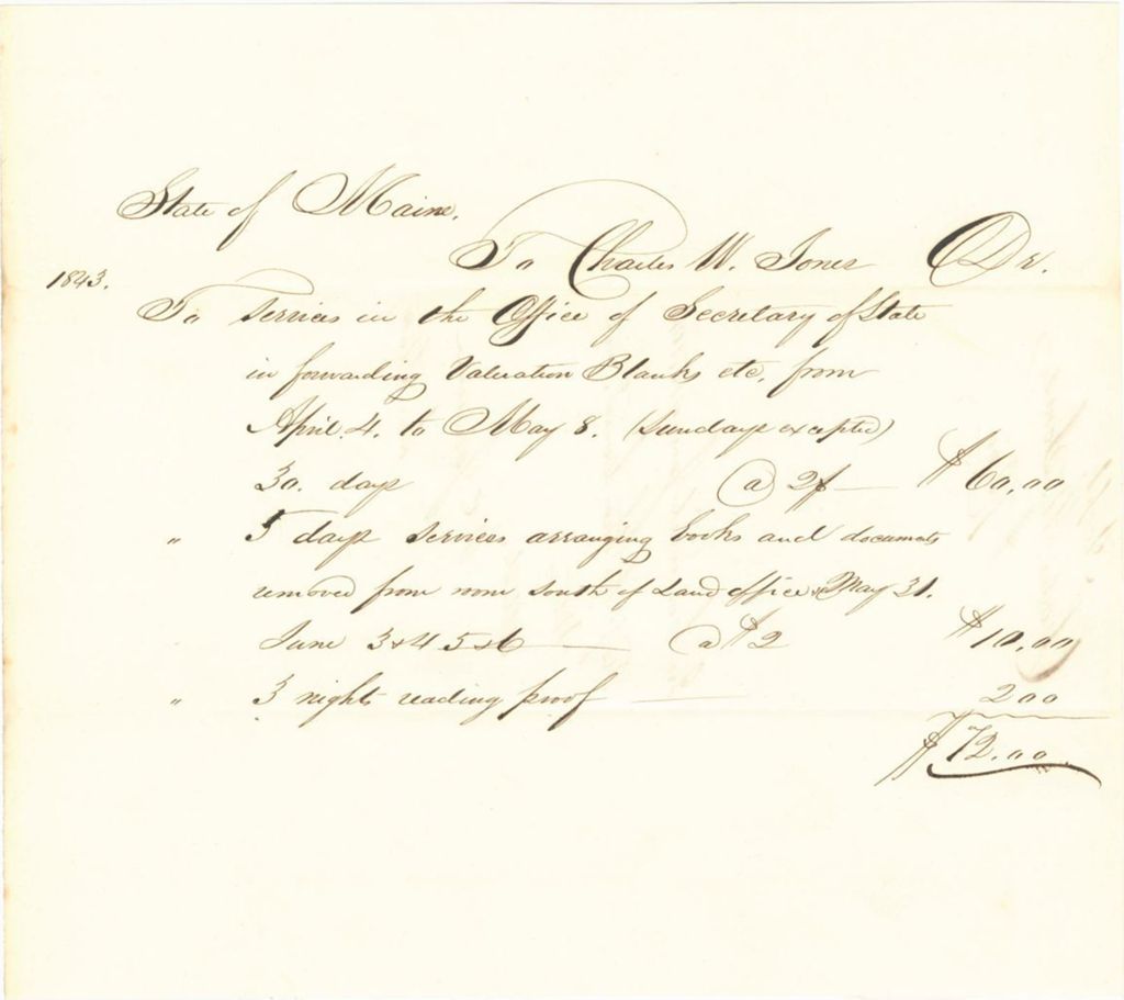 Miniature of Receipt to Charles W. Jones for Services as Clerk in the Office of the Secretary of State