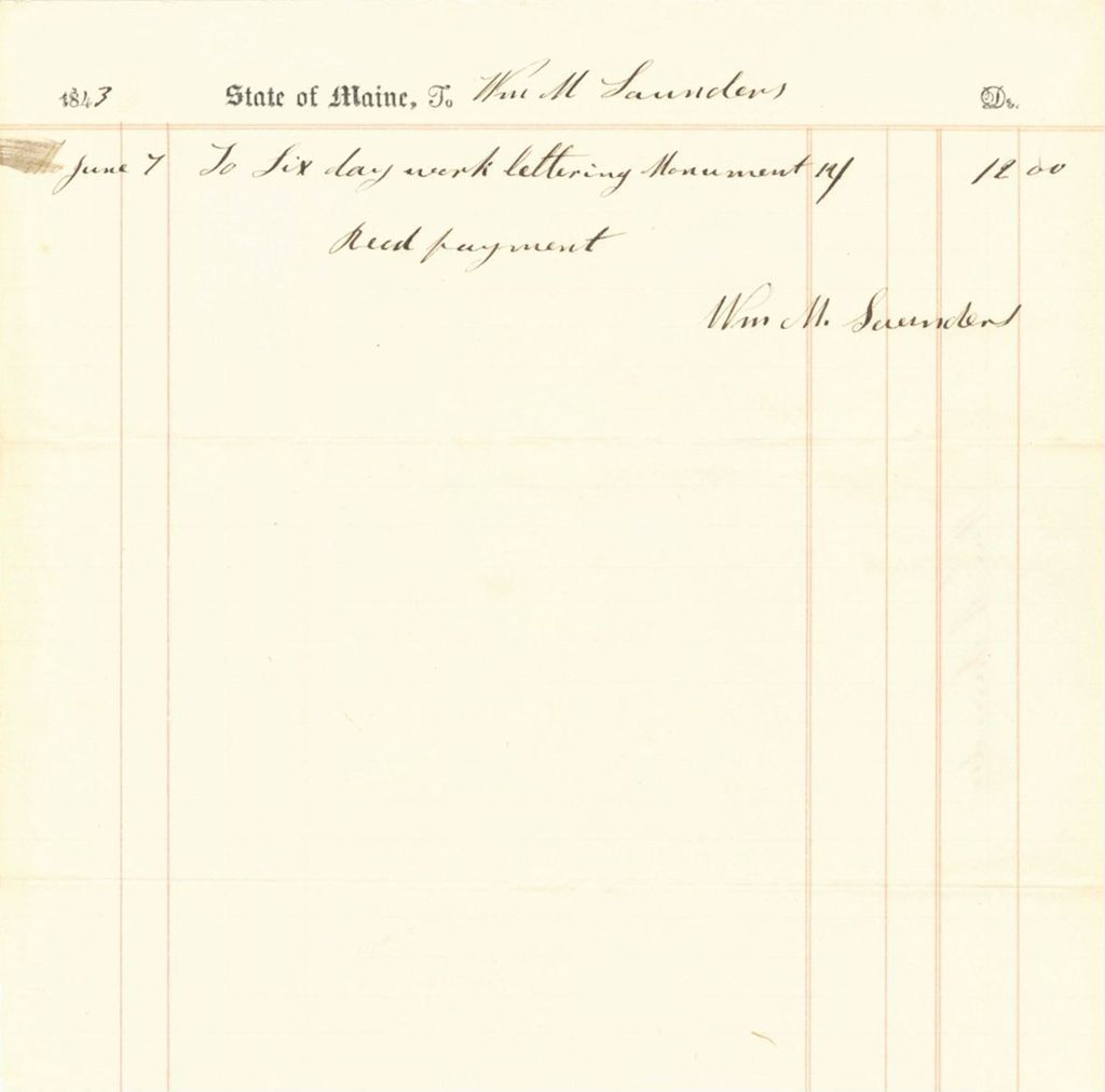 Miniature of Received Payment for Monument Lettering Services to Wm.M. Saunders