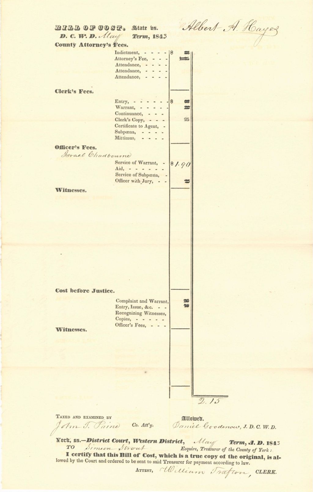 Miniature of Duplicate of Bill of Cost State v. Albert A. Hayes