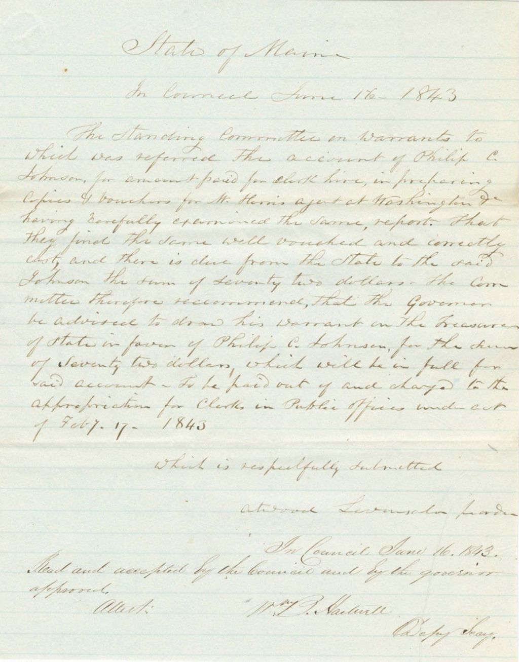 Miniature of Report on the Warrant in Favor of P.C. Johnson, Secretary of State