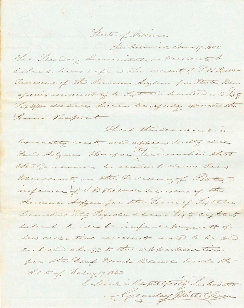 Miniature of Report in Favor of J.B. Hosmer, Treasurer of the American Asylum at Hartford