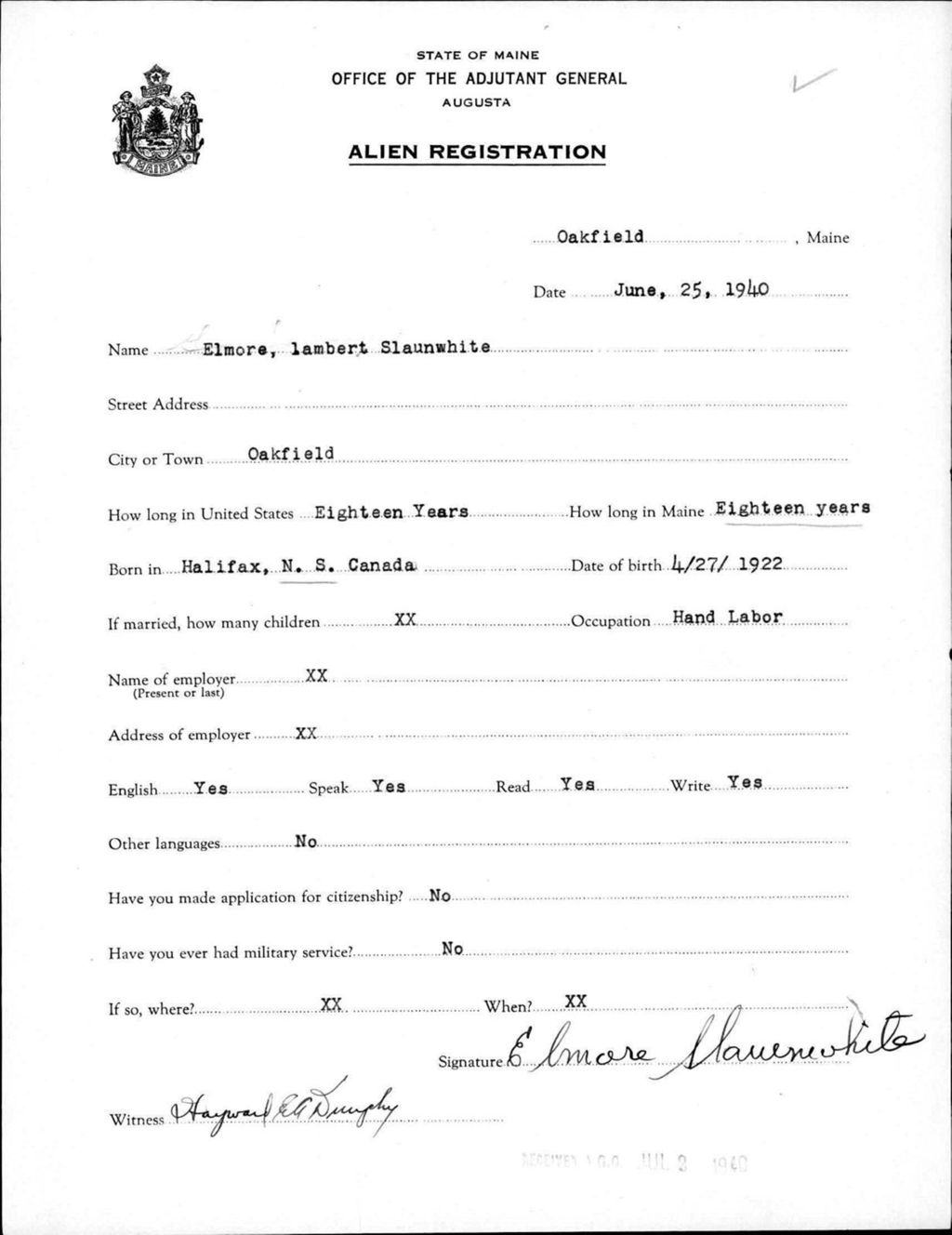 Miniature of Alien Registration- Slaunwhite, Elmore L. (Oakfield, Aroostook County)