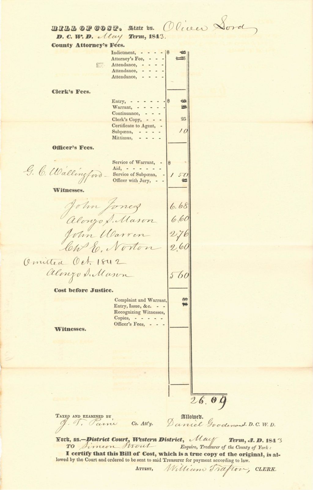 Miniature of Duplicate of Bill of Cost State v. Oliver Lord