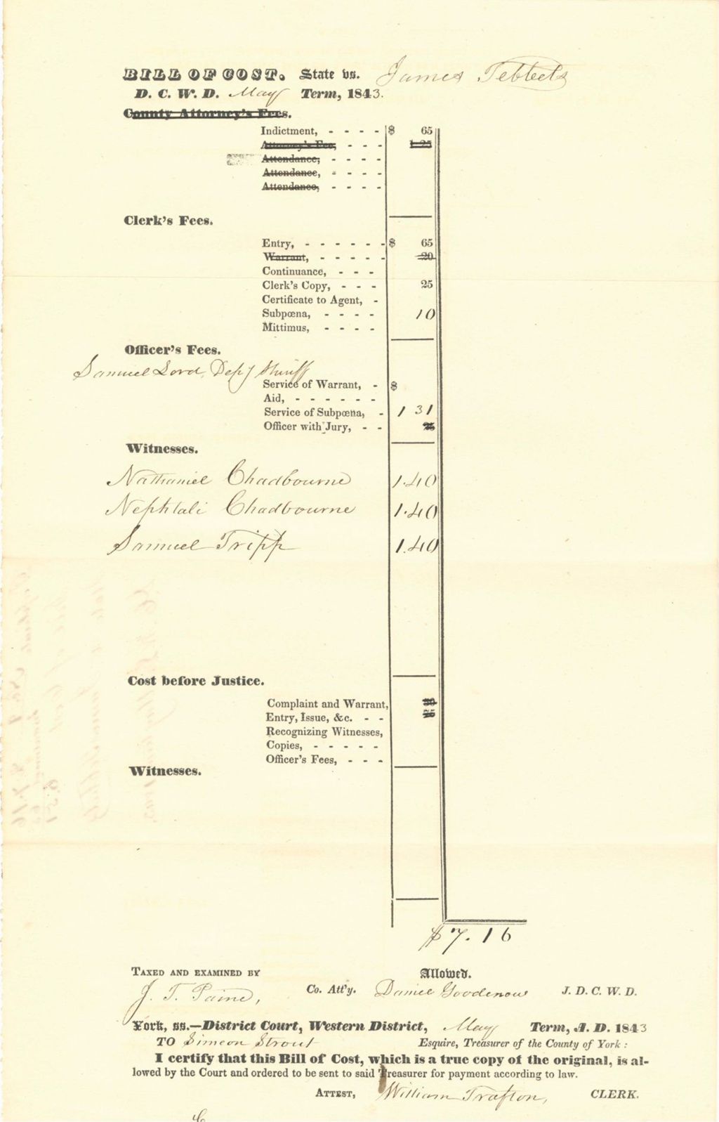 Miniature of Duplicate of Bill of Cost State v. James [Tebbets]
