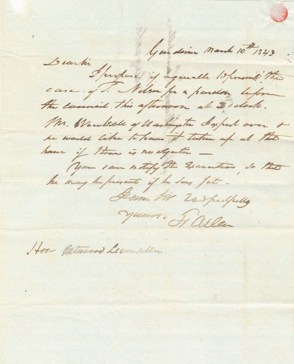 Miniature of Pardon Letter on Behalf of T. Nelson from F. Allen