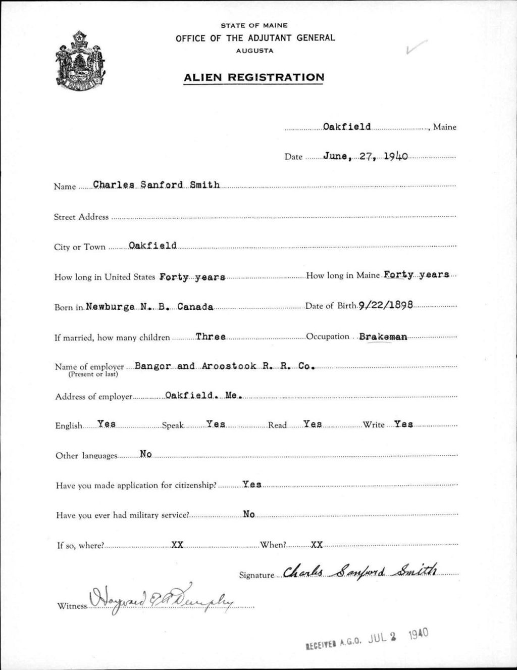 Miniature of Alien Registration- Smith, Charles S. (Oakfield, Aroostook County)