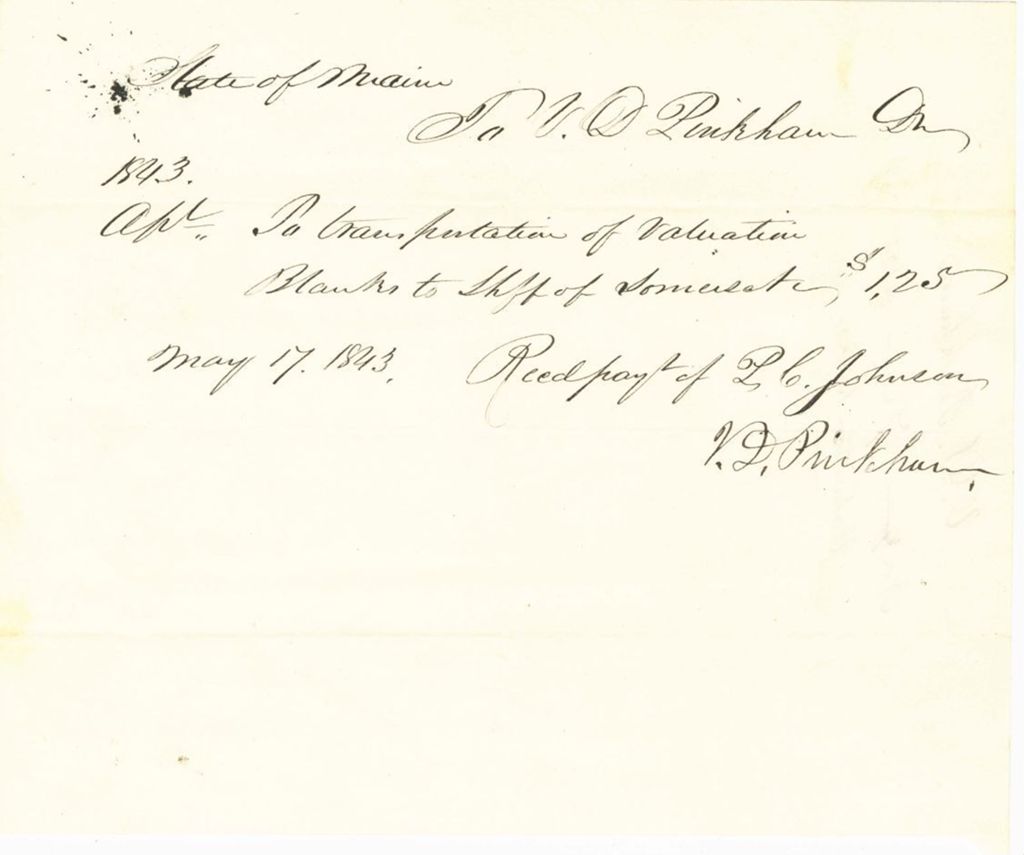 Miniature of Received Payment to V.L. Pinkman for the Transportation of Valuation Blanks