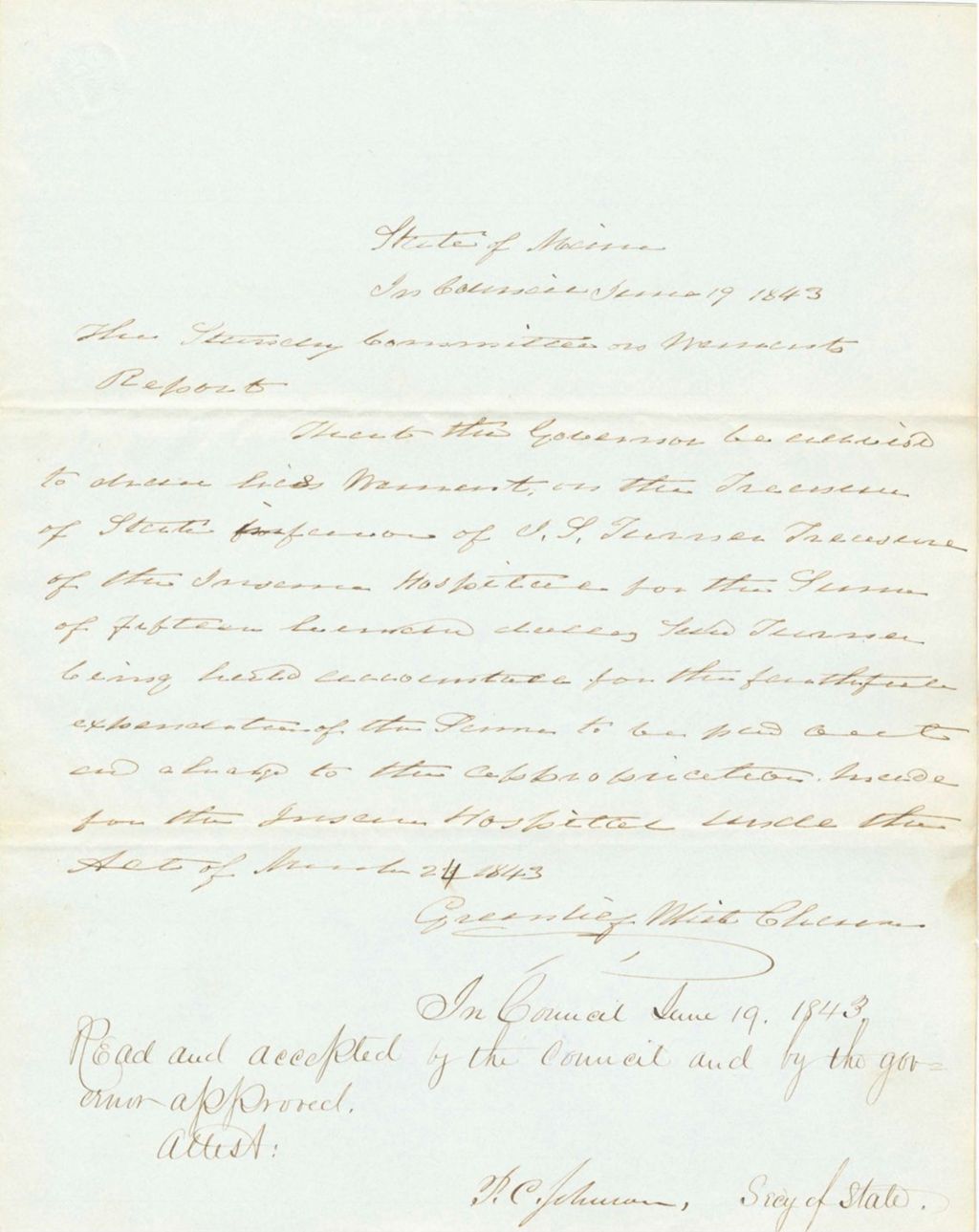 Miniature of Report on the Warrant in Favor of J.S. Turner, Treasurer of the Insane Hospital