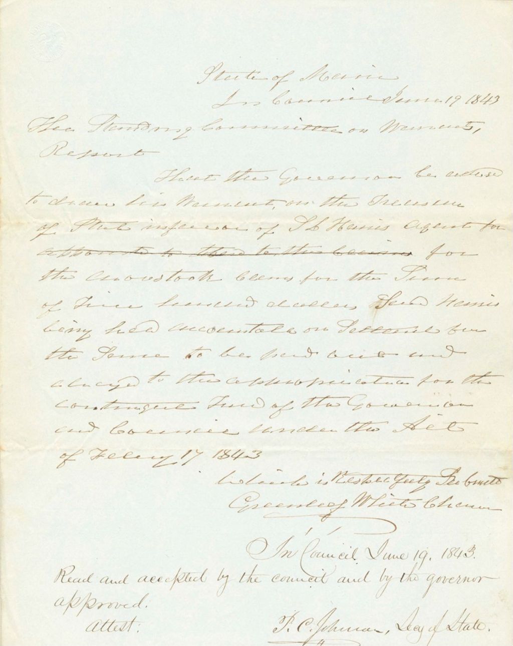 Miniature of Report on the Warrant in Favor of Samuel L. Harris, Agent for Aroostook Claims