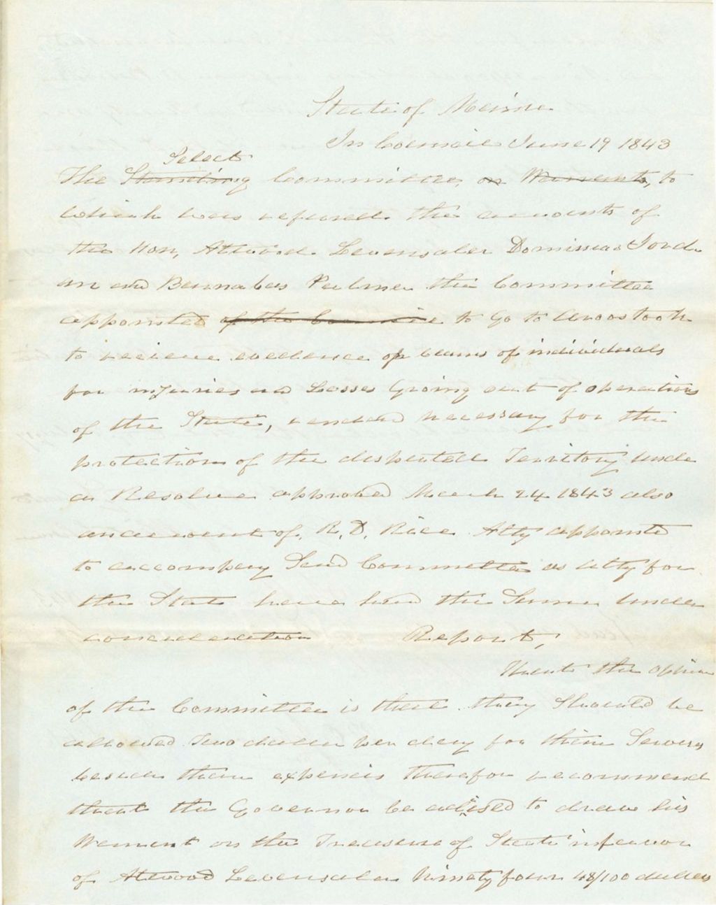Miniature of Report on the Warrants in Favor of Atwood Levansaler, Dominicus Jordan, and Barnabas Palmer for Injuries and R.D. Rice