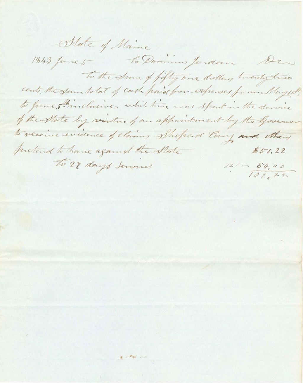 Miniature of Payment to D. Jordan for 27 days of Service
