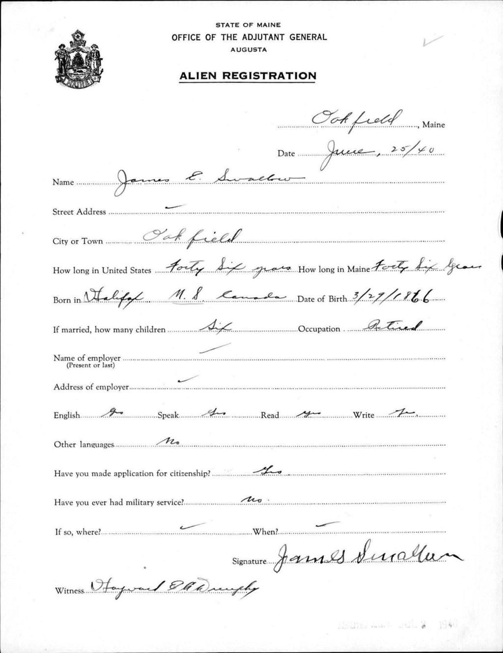 Miniature of Alien Registration- Swallow, James E. (Oakfield, Aroostook County)