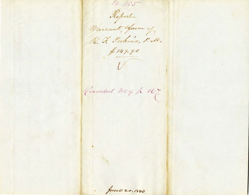 Miniature of Report on the Warrant in Favor of R.F. Perkins, Postmaster of Augusta
