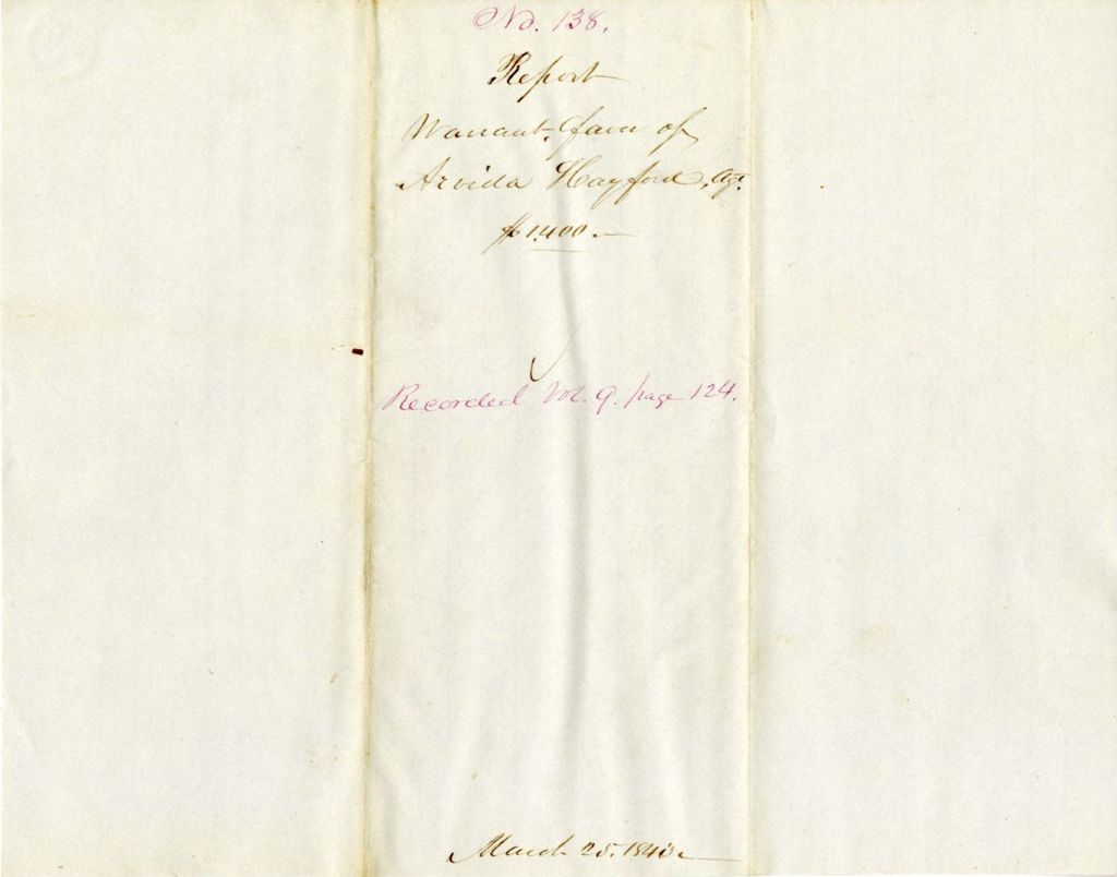 Miniature of Warrant in Favor of Aruida Hayford Agent for the Penobscot Indians