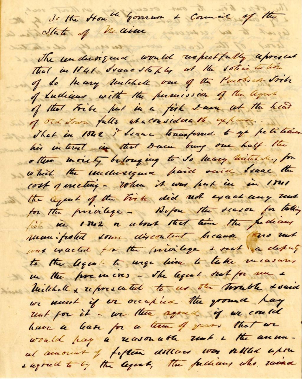 Miniature of Communication in regard to a fish dam constructed by [Staples and Mitchell], lease held by Penobscot Tribe