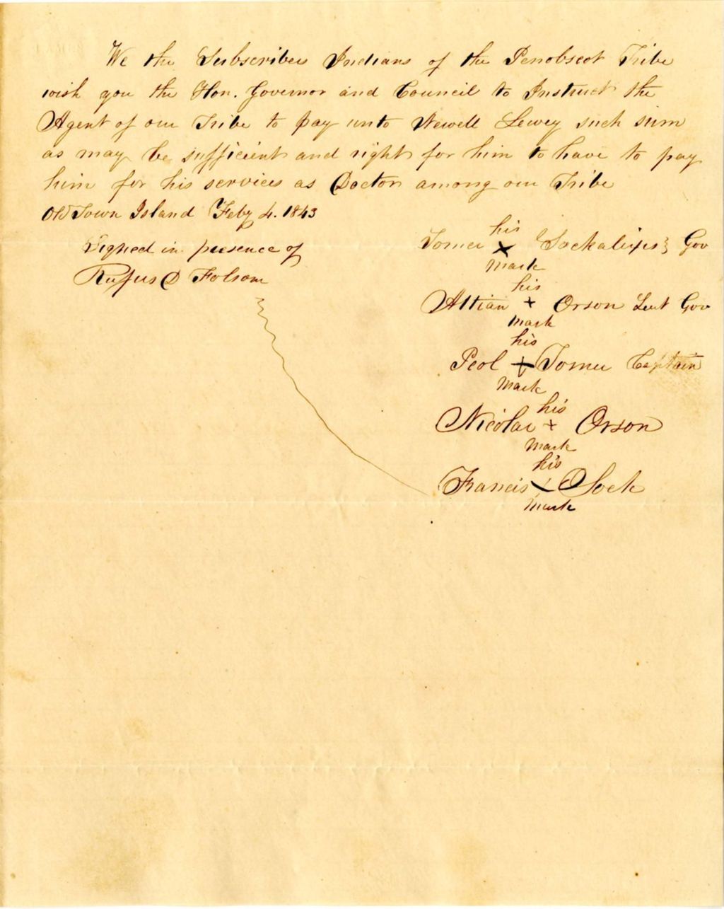 Miniature of Petition by members of the Penobscot Tribe requesting funds to pay [Stewell Lowey?] for providing medical care