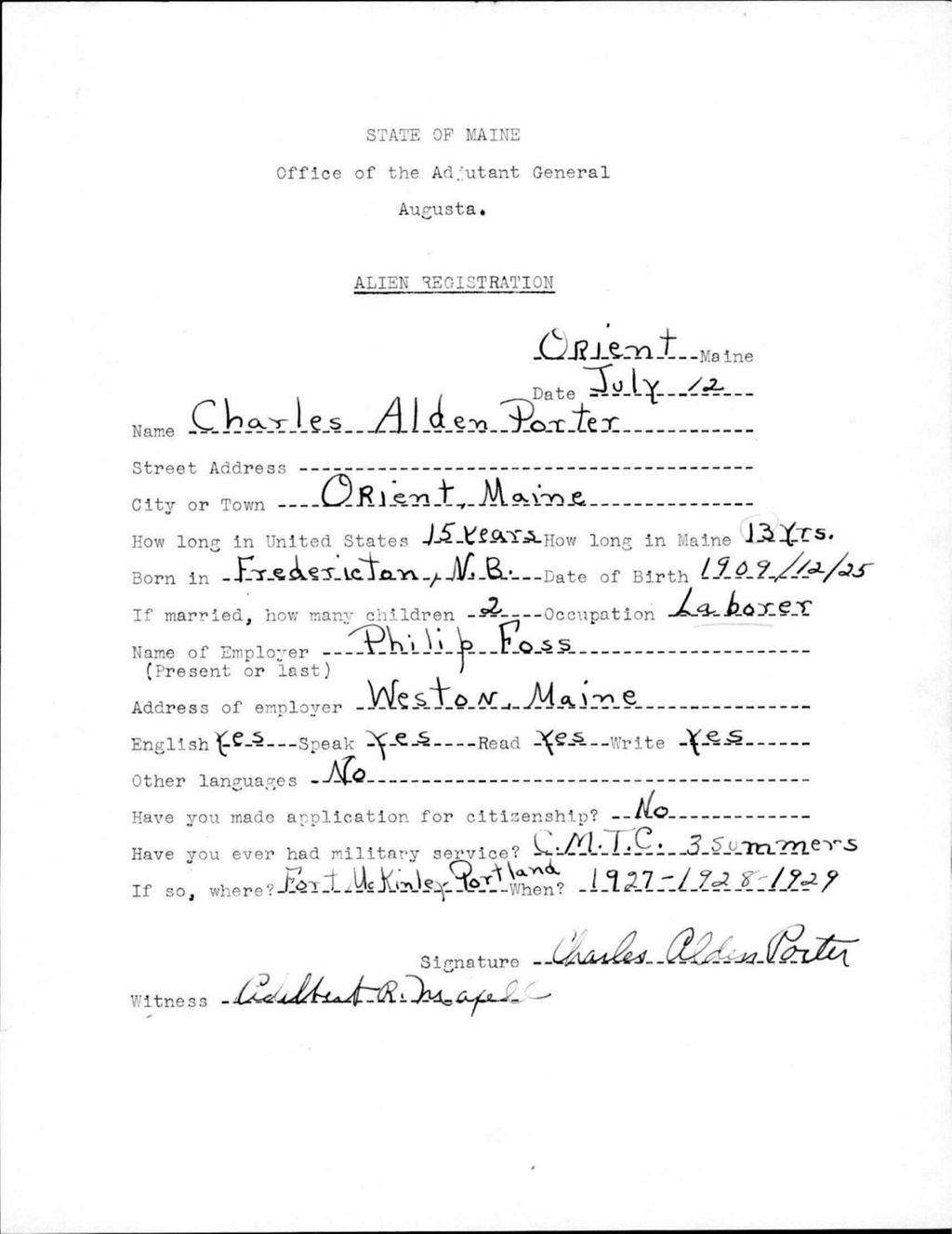 Miniature of Alien Registration- Porter, Charles A. (Orient, Aroostook County)